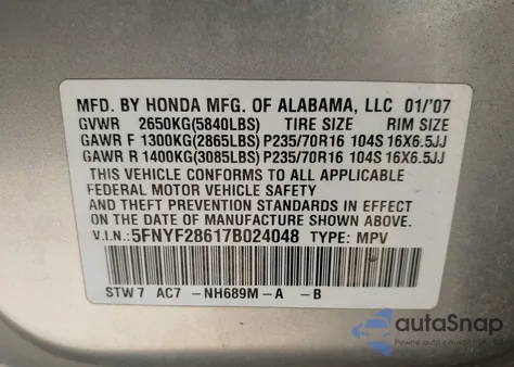 2007 Honda Pilot Ex-L z USA, uszkodzony, nr VIN 5FNYF28617B024048